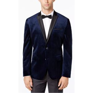 INC Intl Concepts Mens Large Slim Fit Blue Velvet Blazer Jacket Tuxedo Sport